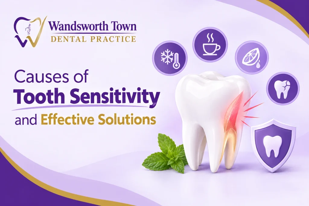 Dentist explaining causes of tooth sensitivity and treatment options to a patient.