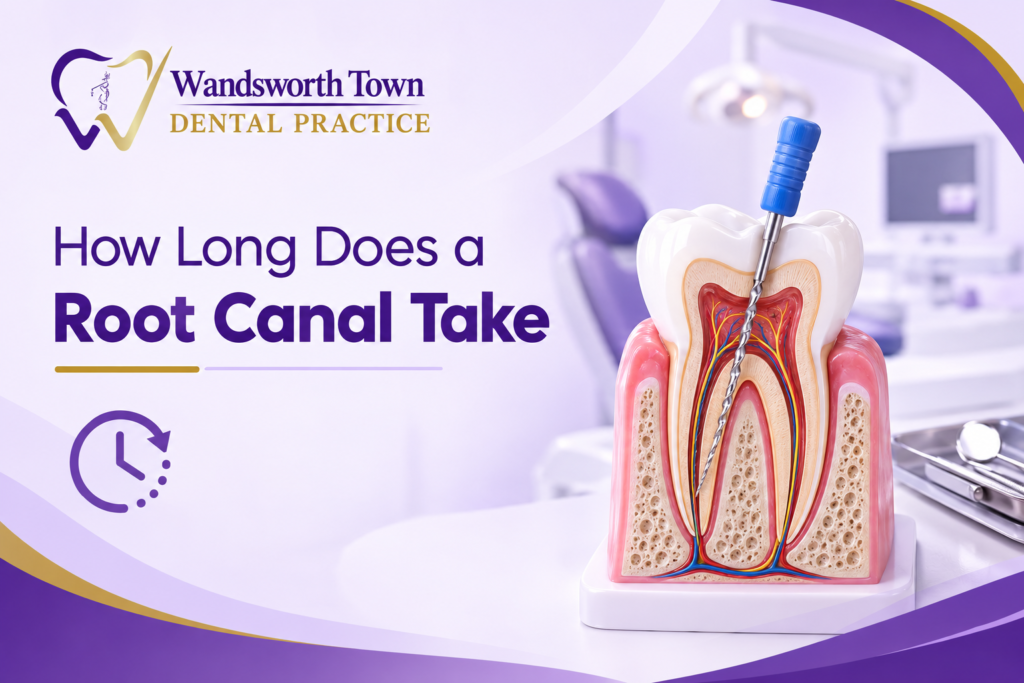 Dentist explaining how long does a root canal take